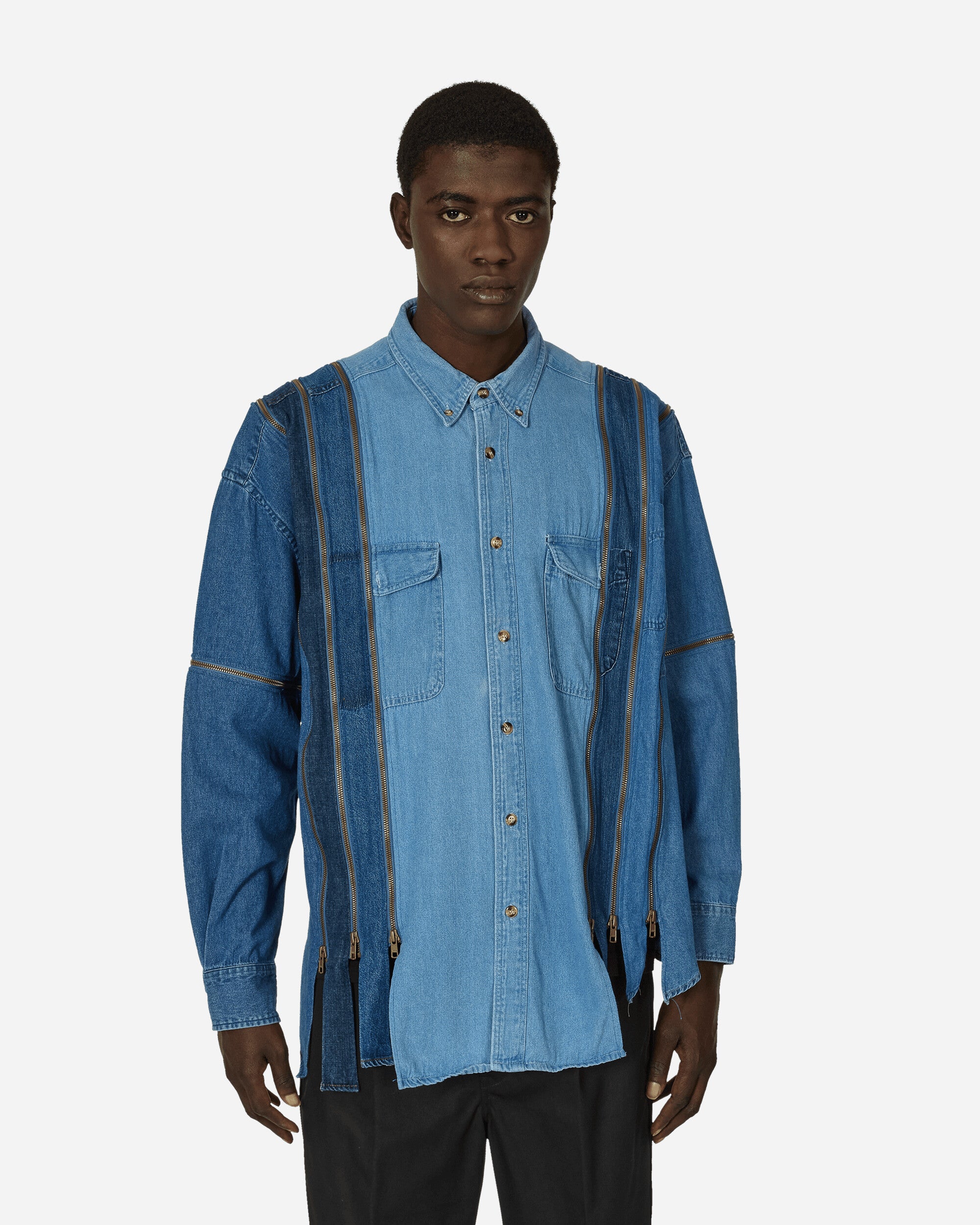 7 Cuts Zipped Wide Denim Shirt Blue